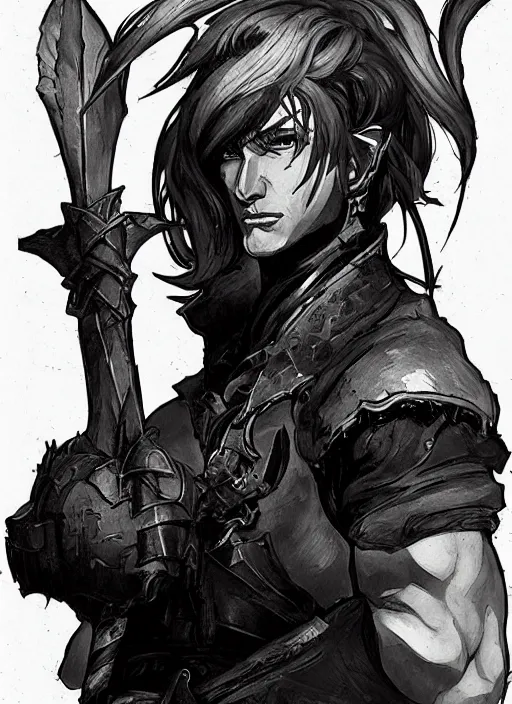 Prompt: Half body portrait of a handsome elven blacksmith working at the forge. In style of Yoji Shinkawa and Hyung-tae Kim, trending on ArtStation, dark fantasy, great composition, concept art, highly detailed, dynamic pose.