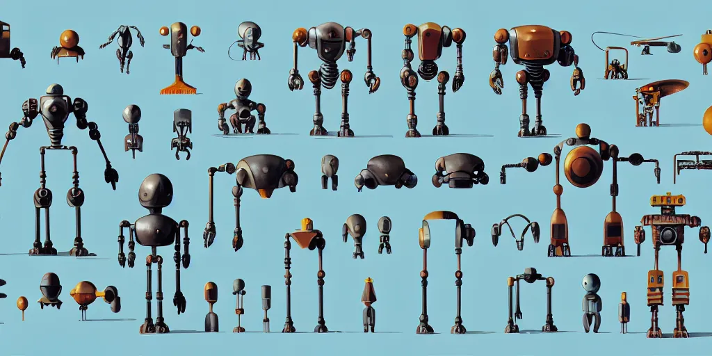 Image similar to collection of exploration of form and shapes, moebius, robot arms, props, hard surface, panel, simon stalenhag, kitbash, items, gadget, big medium small, close up, robots, futuristic, parts, machinery, greebles, insanely detailed, case, hardware, golden ratio, wes anderson color scheme, in watercolor gouache detailed paintings, sleek design