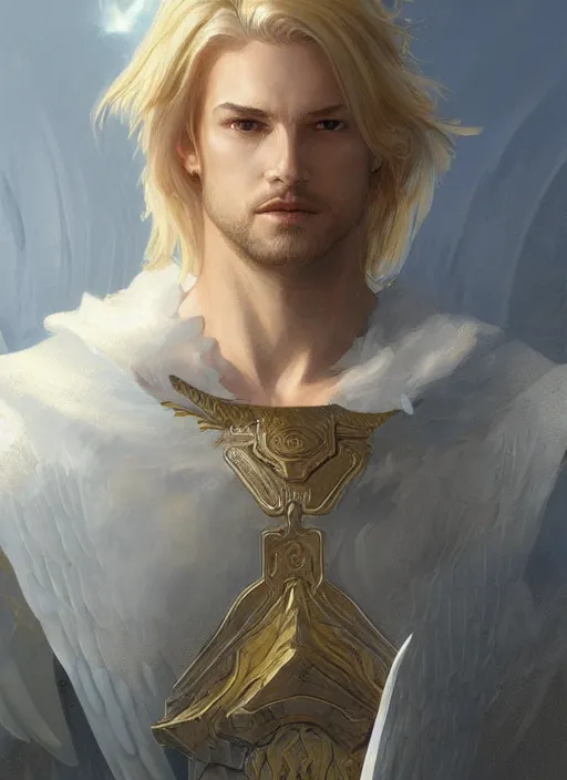 Prompt: portrait of a floating winged aasimar paladin blond short hair young man with amber eyes strong, sofisticated, fantasy, highly detailed, digital painting, artstation, concept art, character art, art by greg rutkowski and tyler jacobson and alphonse mucha