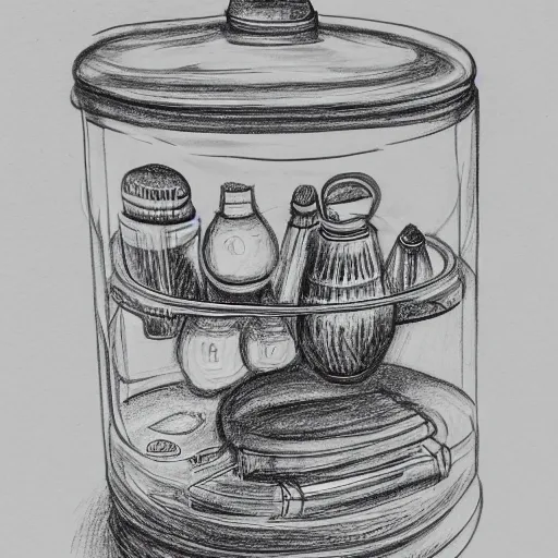 Image similar to planet earth inside an apothecary jar on a desk, pencil drawing, detailed