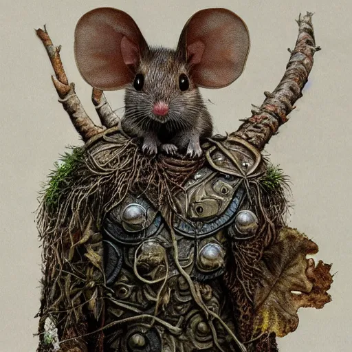 Prompt: detailed realistic body portrait of a mouse druid in full plate ceremonial armor, covered in fungus and mushrooms, decayed plant matter, leaves, by Gerald Brom and Alan Lee, ArtStation