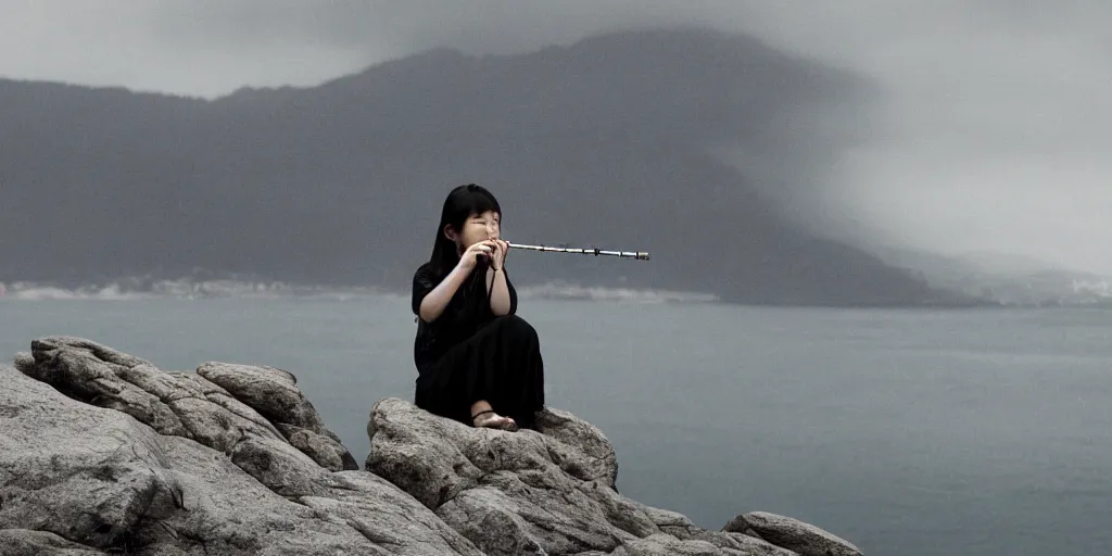 Image similar to Photo of a Korean girl playing a flute with her nose. Sitting on a rocky shore on a cloudy day. In the style of Annie Leibovitz