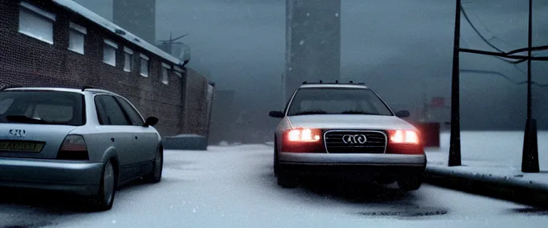 Prompt: Audi A4 B6 Avant (2002), a gritty neo-noir, dramatic lighting, cinematic, eerie person, death, homicide, homicide in the snow, viscera splattered, gunshots, bullet holes, establishing shot, extremely high detail, photorealistic, cinematic lighting, artstation, by simon stalenhag, Max Payne (PC) (2001) winter New York at night, In the style of Max Payne 1 graphic novel, flashing lights, Poets of the Fall - Late Goodbye