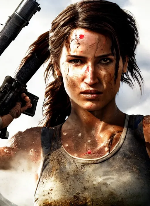 Image similar to a studio photography, film still of lara croft as cop, her face muddy and sweat, direct sun light, close up potrait, cinematic,