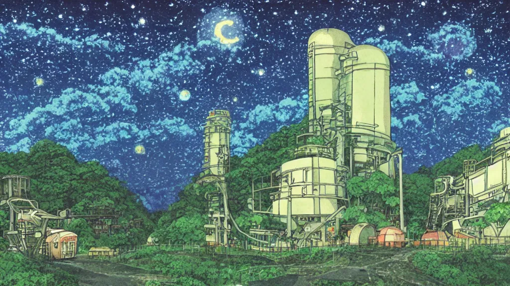 Prompt: a movie still from a studio ghibli film showing s a mine runoff storage facility in the rainforest on a misty and starry night. by studio ghibli