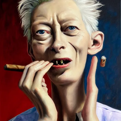 Image similar to caricature of tilda swinton smoking a cigar, realistic oil painting by sebastian krüger, expressive, colorful, plastic