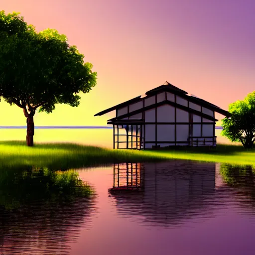 Prompt: a serene landscape with a singular building near a lake at sunset, anime style, 8k, low saturation, high quality, high detail, cartoon