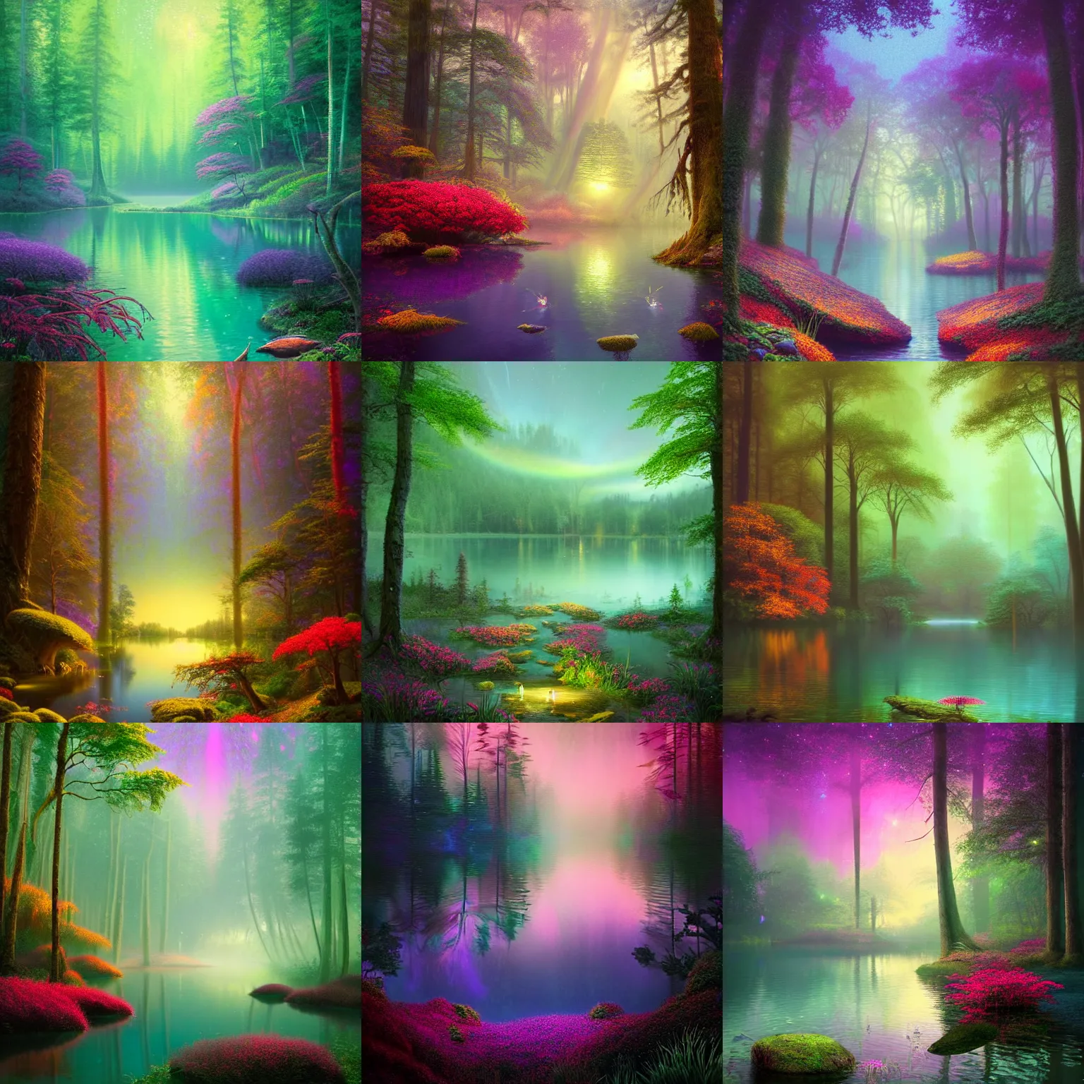 Prompt: photograph of a beautiful lake lake lake in a dense mystic forest, colored flowers, mystic hues, bioluminescence biolumineescence , breathtaking lights shining, psychedelic fern, tyndall effect, many fire flies, dense forest, foggy, 4k, Acid Pixie, by thomas kinkade and lee madgwick