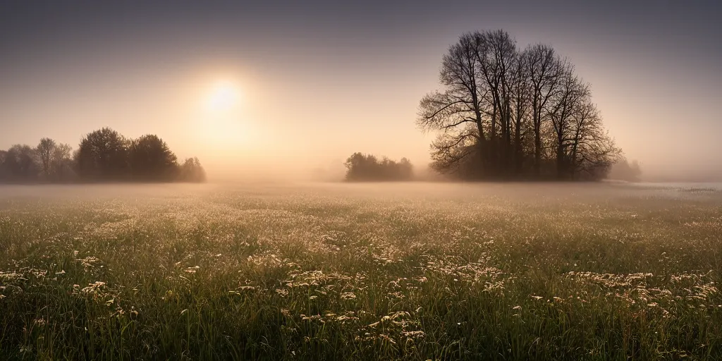 Prompt: early morning fog on a river by justin minns, landscape photography, wildflower meadows, beautiful morning light