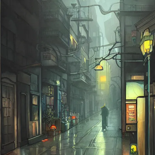 Image similar to dark city street, painting by Hayao Miyazaki,ArtStation