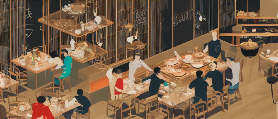 Prompt: a beautiful interior view illustration of a small roasted string hotpot restaurant in yan'an city, in the wall corner, chinese mountain architecture, restaurant wall paper is tower and mountain, rectangle white porcelain table, people are eating, black chair, animation illustrative style, from china, simple style structure decoration design, victo ngai, james jean, 4 k hd