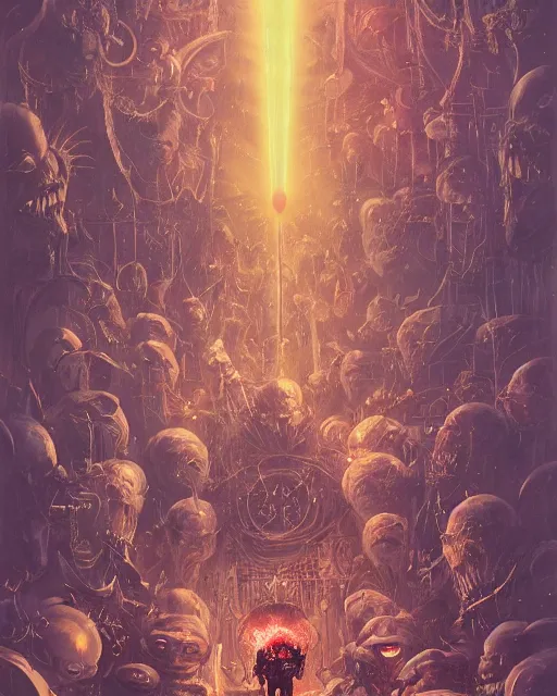 Image similar to Joe Biden with a wide grin shooting laser beams out of his eyes into a crowd, Evil, chaos, hypermaximalist, ornate, horror, Peter Mohrbacher, Marc Simonetti, Mike Mignola, detailed, intricate ink illustration, symmetry, bloodborne, colorful