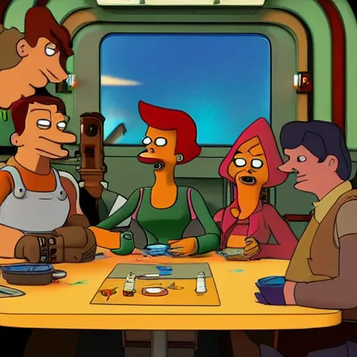 Image similar to the futurama crew sitting at a table, style of a clay animation.