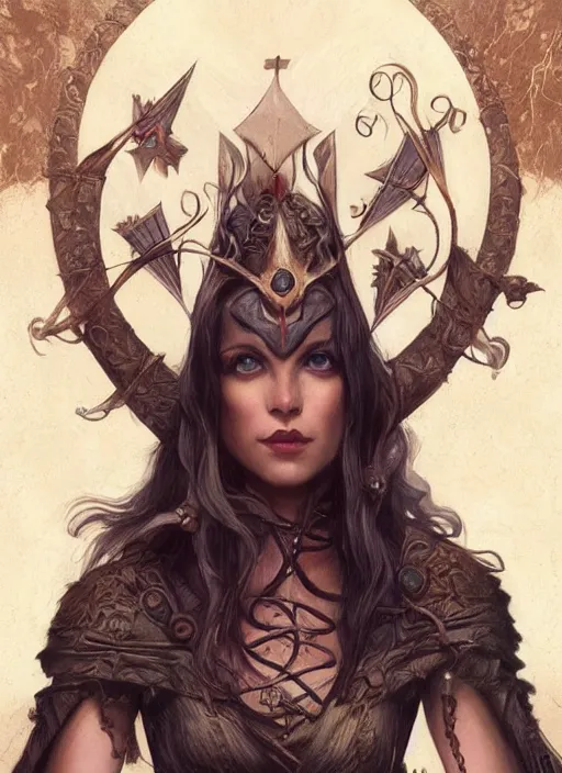 Image similar to tarot!!, fairy queen, fantasy medieval, no noise, elegant, concept art, sharp focus, beautiful face!!, digital art, smooth defined outlines!!, by Brom, trending on Artstation, Tom Bagshaw, Sargent