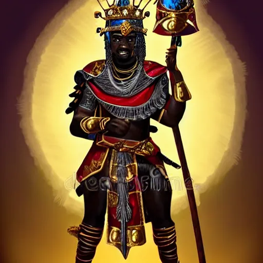 Image similar to a young black boy dressed like an african moorish warrior, wearing golden armor and a crown with a ruby and a black diamond in his forehead, posing with a very ornate glowing electric spear!!!!!!!!, for honor character digital illustration portrait design, by android jones in a psychedelic fantasy style, dramatic lighting, hero pose, wide angle dynamic portrait