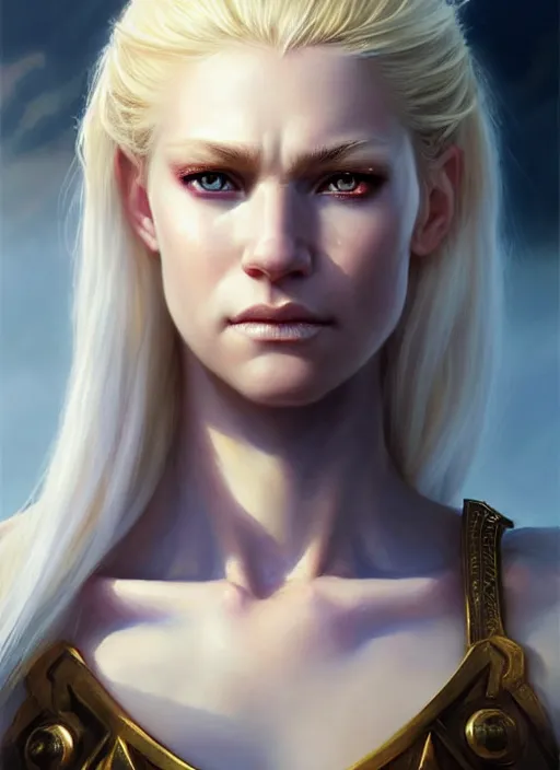 Image similar to a _ fantasy _ style _ portrait _ painting _ of white female paladin with blonde hair and blue eyes, scar under left eye, holy oil _ painting _ unreal _ 5 _ daz. _ rpg _ portrait _ extremely _ detailed _ artgerm _ greg _ rutkowski _ greg