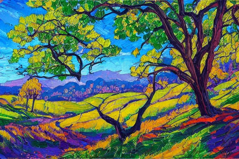 Image similar to masterpiece painting of oak trees on a hillside overlooking a creek, dramatic lighting, by erin hanson