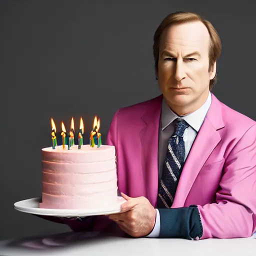 Prompt: bob odenkirk, smirking, wearing a pink suit, holding a birthday cake, numbered candles thirty - seven, studio photograph, cinematic lighting