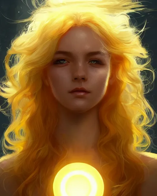 Image similar to a beautiful sun goddess, flowy yellow golden hair, golden eyes, sun, summer, cinematic lighting, highly detailed, digital painting, trending on artstation, pixiv, concept art, sharp focus, illustration, art by ross tran and wlop, dark art