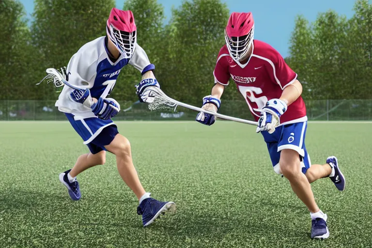 Image similar to lacrosse player, soccer field, cascade helmet, realistic, running, very detailed, 8k, high resolution, ultra realistic, no grain, symmetry, normal proportions, sports illustrated style, Cascade XRS Custom Lacrosse Helmet, brine lacrosse stick, Brine Lacrosse King V Gloves, normal feet, Nike Alpha Huarache 7 Elite, STX Surgeon 700 Lacrosse Arm Guards