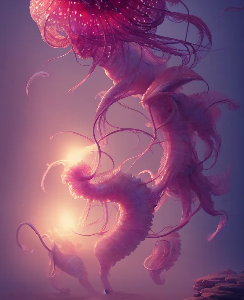 Prompt: centaur jellyfish phoenix, nautilus, orchid, bioluminiscent creatures, intricate artwork by Tooth Wu and wlop and beeple. octane render, trending on artstation, greg rutkowski very coherent symmetrical artwork. cinematic, hyper realism, high detail, octane render, 8k