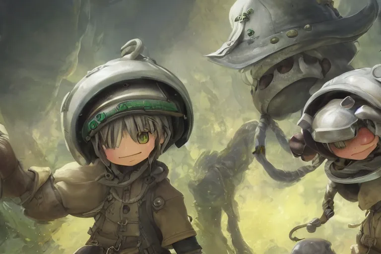 Prompt: made in abyss concept art riko reg yellow hair safari helmet extra detailed faces and green eyes smiling wlop James Jean Marc Simonetti Ruan Jia and Mandy Jurgens and Artgerm and William-Adolphe Bouguerea trending on artstation hyperdetailed Unreal Engine 4k 8k ultra HD