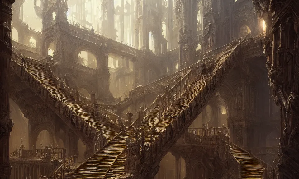 Prompt: stairs from hell to heaven, intricate detail, intricate, epic, vast, digital painting by greg rutkowski, artstation, very detailed, cinematic lighting, concept art