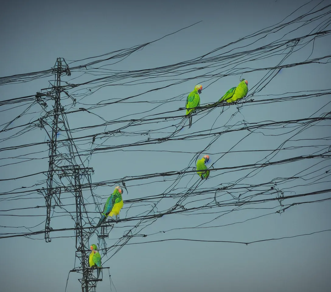 Image similar to a 3 5 mm photography at night, camera with strong flash on, of a lot of green parrots on the power lines