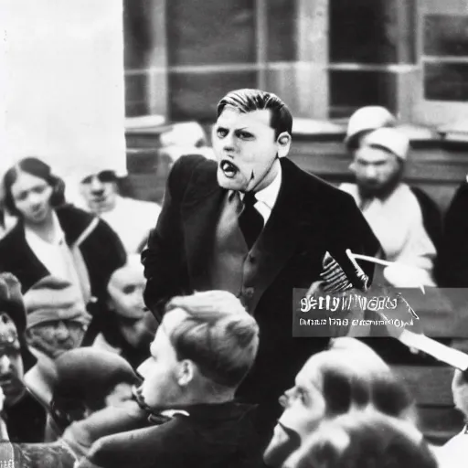 Prompt: Long shot of an angry austrian short man who failed art school with a toothbrush moustache giving a speech, black and white, press photo, 1933