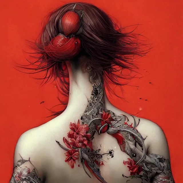 Image similar to ultra realistic illustration, beautifulwoman dressed in red kimono, backview, tattoos, in the style of peter mohrbacher by weta digital and beth cavener, high face symmetry, intricate, masterpiece, award winning, high face symmetry, intricate