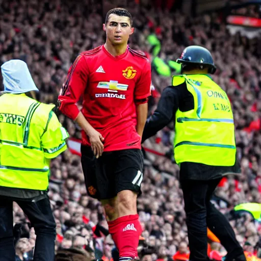 Image similar to highly detailed rending of ronaldo being dragged out old trafford by man united by rioting fans after they get relegated from the premier league, highly detailed face, 8 k, accidentally renascence