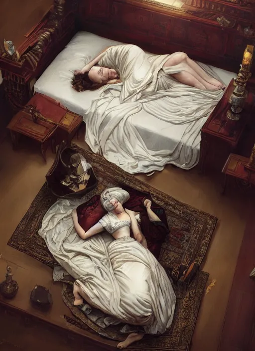 Image similar to top view of a queen lying sleepless on royal bed, in the style of charles sillem lidderdale, in the style of greg rutkowski, artstation, high quality art