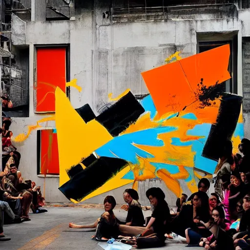 Image similar to by robert motherwell, by li wei street art. a beautiful performance art of a space battle with wild, bright colors.