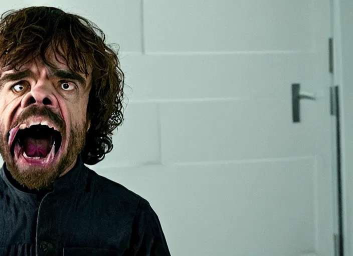 Image similar to peter dinklage knife in mouth running, movie still, from the new scream movie, 8 k, realistic