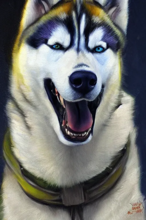 Image similar to a portrait painting of a husky in cowboy costume, western film, humanoid, personify, anthropomorphic, trending on artstation