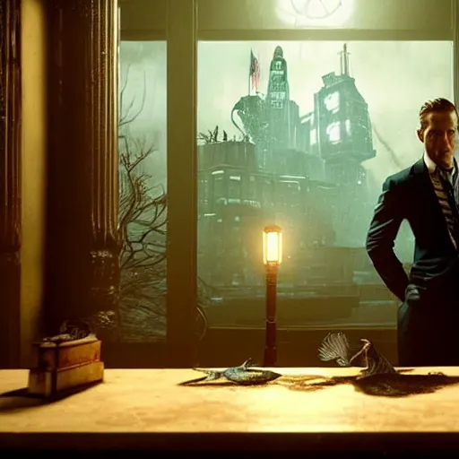 Image similar to a highly detailed cinematic photo from a live - action bioshock movie. andrew ryan, portrayed by ryan gosling, is shown standing in a 1 9 3 0's office with a large desk in front of a floor - to - ceiling window looking out onto the underwater city of rapture shining in the distance, several fish are shown outside of the window