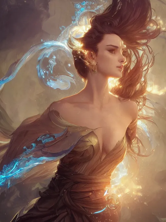 Image similar to summoner with a water elemental, fantasy, man, intricate, elegant, highly detailed, digital painting, artstation, concept art, wallpaper, smooth, sharp focus, illustration, art by artgerm and greg rutkowski and alphonse mucha