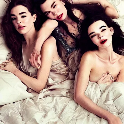 Prompt: stunning vogue magazine photo of dark - haired goddesses vanessa kirby, hailee steinfeld, and bjork smiling, legs intertwined, laying back on the bed, with wet faces!!, wet lips, perfect eyes, insanely detailed, elegant, by wlop, rutkowski, livia prima, mucha, wlop,