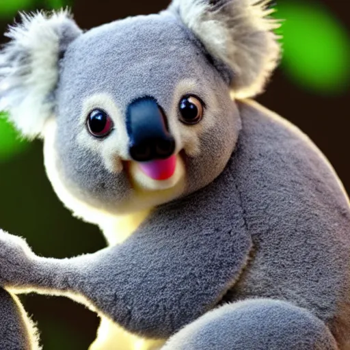 Image similar to adorable cute koala as a muppet, intricate detail, beautiful aesthetic, photorealistic, award winning professional cinematic composition, backlit, rim lighting, 8 k