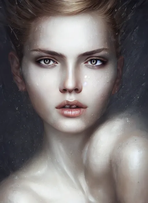 Image similar to a beautiful woman portrait with glossy sweat skin white, 8 k, sensual, mechanical parts, hyperrealistic, hyperdetailed, sharp focus portrait beautiful face, no hair, dark fantasy, fantasy portrait by laura sava