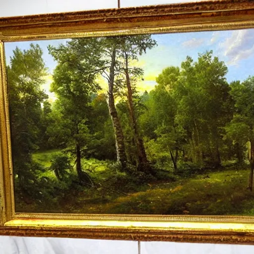 Image similar to Ivan Shishkin painting of a beautiful burger at forest, beautiful lighting, sunny, summer, painting Ivan Shishkin