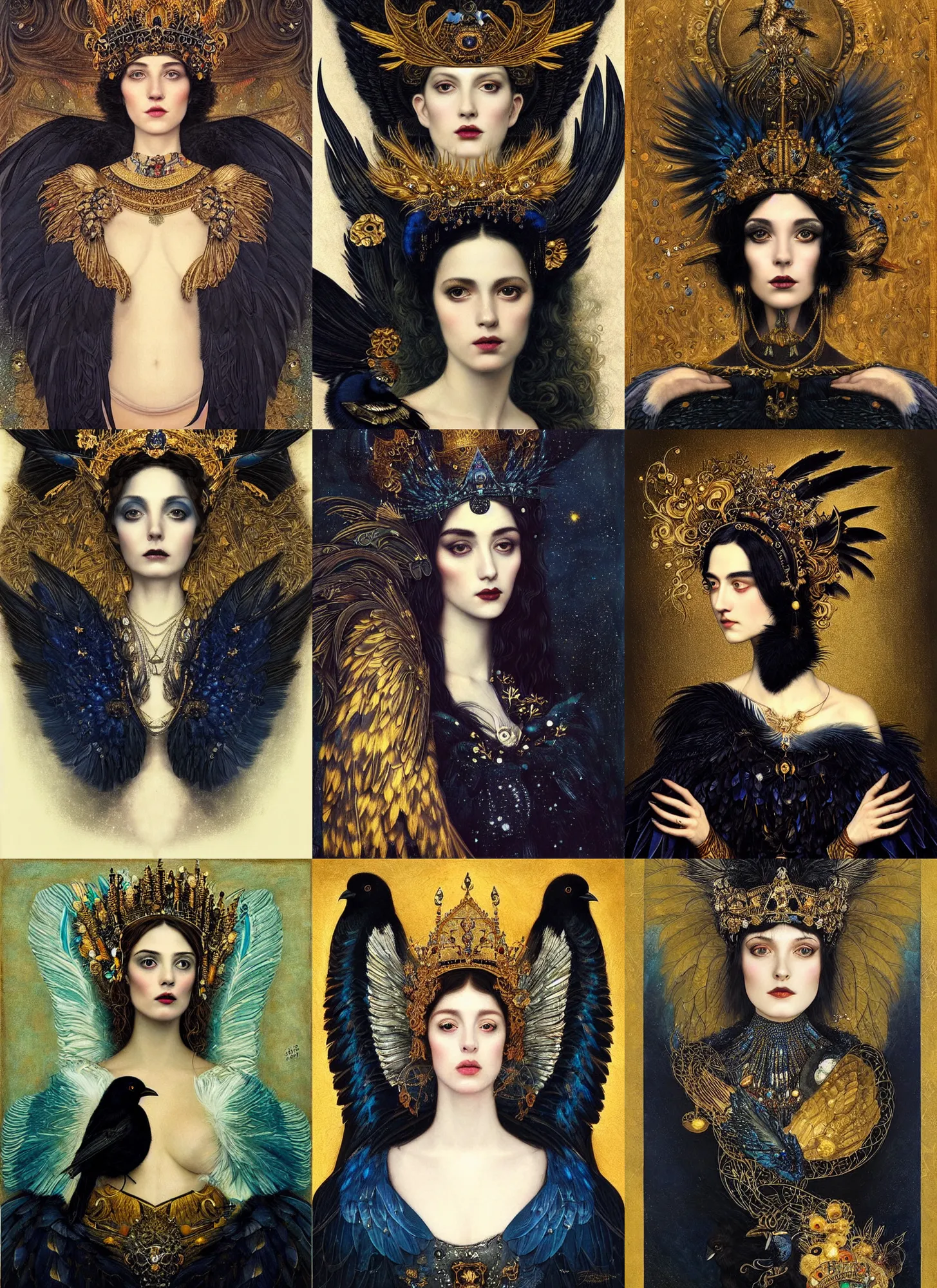 Prompt: “ a majestic portrait of an black bird wearing a crown, with wings made of iridescent black feathers, titian, tom bagshaw, david palumbo, gustav klimt, high detail, intricate ornamental flourishes, mysterious portrait of a woman, black midnight blue and gold ”
