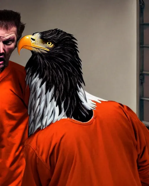 Prompt: Medium shot photo of eagles biting scared Donald Trump in prison jail wearing orange pajamas, octane, dramatic lighting, editorial photo, 35mm, very detailed