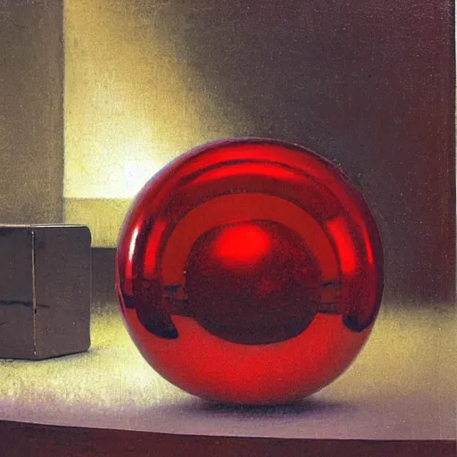 Prompt: chrome spheres on a red cube by sanford robinson gifford