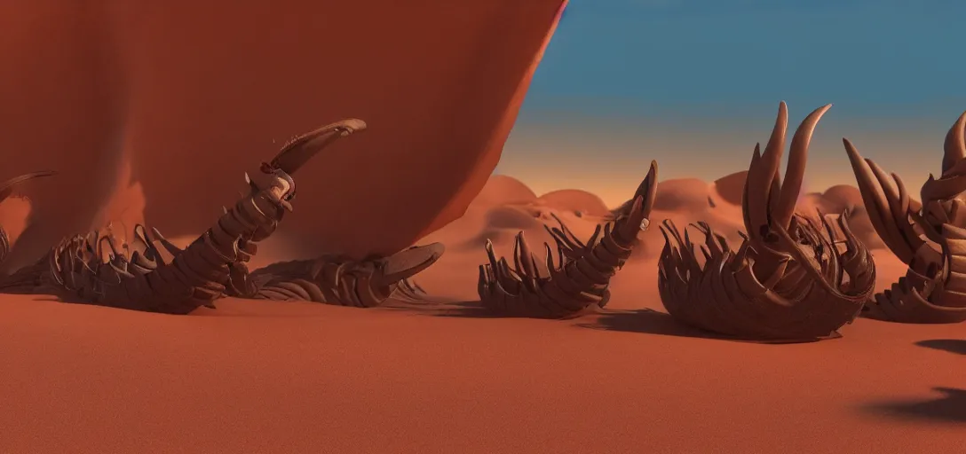 Image similar to pixar style sandworm fighting fremen warriors on arrakis, still of disney's dune ( 2 0 2 1 ), 3 d animation, cinematic, volumetric lighting
