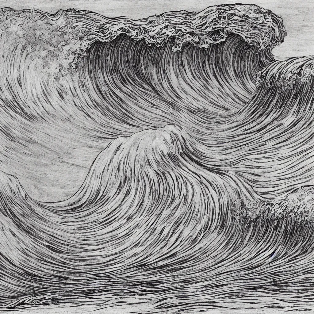 Prompt: an beautiful painting of one single hawaiian wave painted by albrecht durer, monochromatic color scheme, high detail, breathtaking wave, lineart, line art, soft colors, simplicity