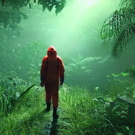 Prompt: a man wearing a hazmat suit, walking through a lush jungle, at night, red glow, unreal engine 5, ray traced, god rays, extremely high detail