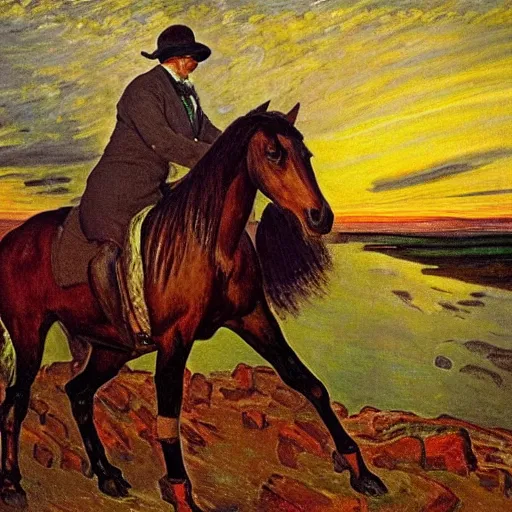 Prompt: a horse made out of emeralds with fiery eyes standing on a cliff in a turbulent hellscape!!! at sunset, retrowave!, by alfred munnings!! and h.r. giger, oil on canvas, 8k hd