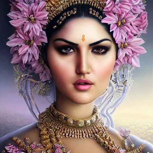 Image similar to sunny leone as humanoid robot, skin flower pattern, highly detailed, expressive eyes, beautiful symmetric body, perfect proportions, highly intricate, art by tom bagshaw and alex gray