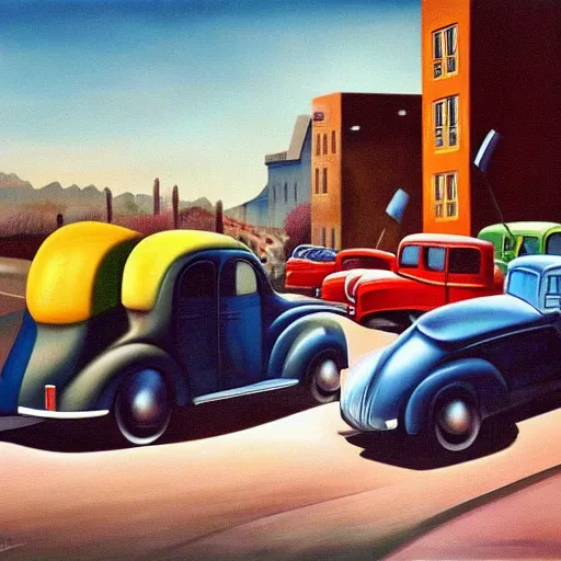 Image similar to a beautiful surrealist painting depicting being stuck in traffic. oil on canvas, 1 9 4 0. trending, high quality, high resolution, detailed